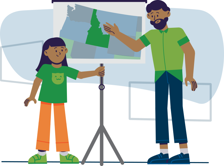 Illustration of Idaho public school teacher showing student where Idaho is geographically located on map